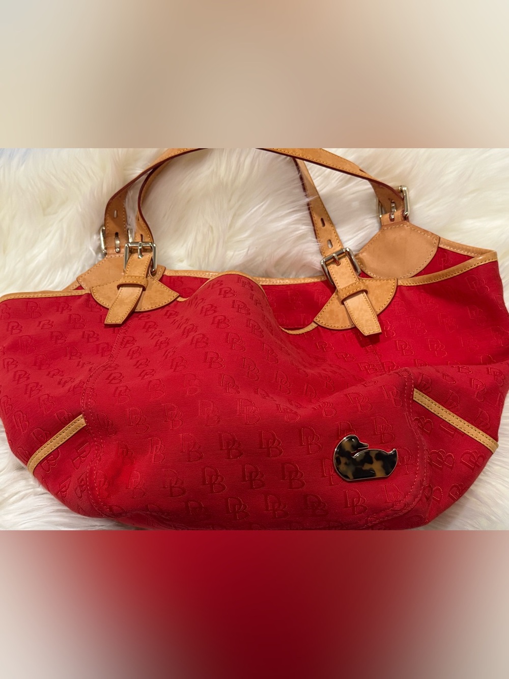 Dooney & Bourke Red Shoulder Bag with Tan Leather Trim